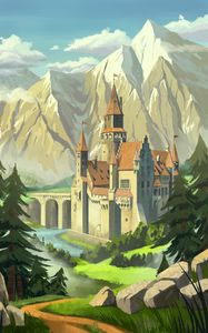 Preview wallpaper castle, towers, mountains, bridge, art