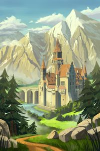 Preview wallpaper castle, towers, mountains, bridge, art