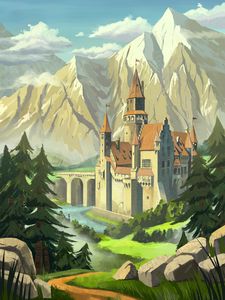 Preview wallpaper castle, towers, mountains, bridge, art