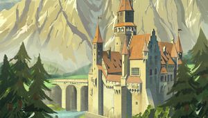 Preview wallpaper castle, towers, mountains, bridge, art