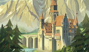 Preview wallpaper castle, towers, mountains, bridge, art