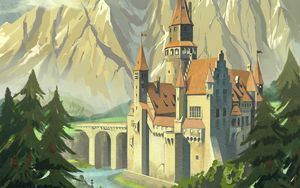 Preview wallpaper castle, towers, mountains, bridge, art