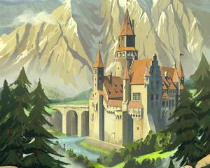 Preview wallpaper castle, towers, mountains, bridge, art