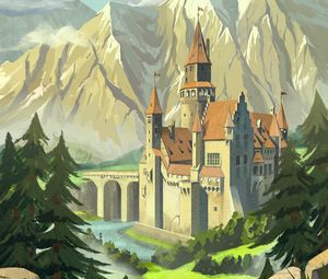 Preview wallpaper castle, towers, mountains, bridge, art