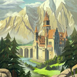Preview wallpaper castle, towers, mountains, bridge, art