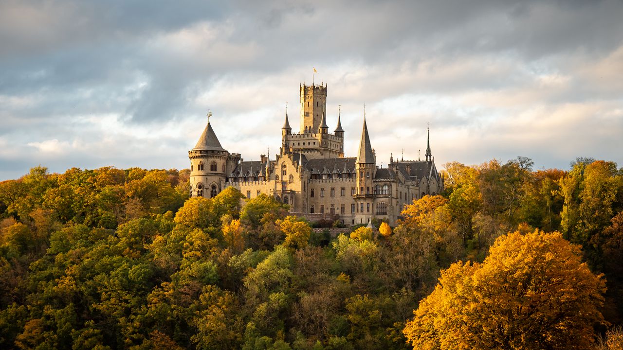 Wallpaper castle, towers, trees, forest, autumn