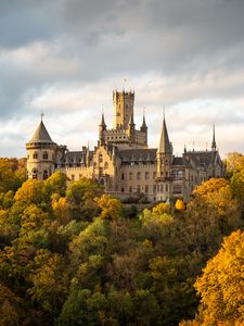 Preview wallpaper castle, towers, trees, forest, autumn