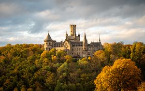 Preview wallpaper castle, towers, trees, forest, autumn