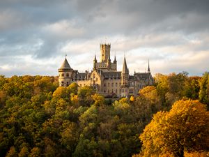 Preview wallpaper castle, towers, trees, forest, autumn