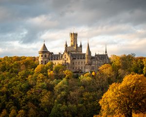 Preview wallpaper castle, towers, trees, forest, autumn