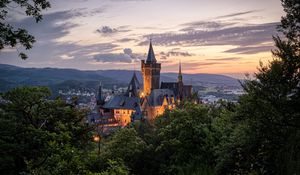 Preview wallpaper castle, towers, trees, sky