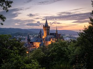 Preview wallpaper castle, towers, trees, sky