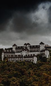 Preview wallpaper castle, trees, clouds, overcast