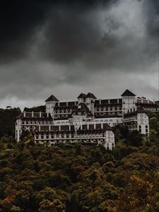 Preview wallpaper castle, trees, clouds, overcast