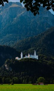 Preview wallpaper castle, trees, forest, mountains, landscape