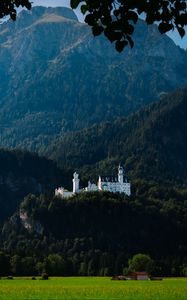 Preview wallpaper castle, trees, forest, mountains, landscape