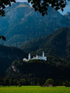 Preview wallpaper castle, trees, forest, mountains, landscape