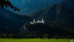 Preview wallpaper castle, trees, forest, mountains, landscape