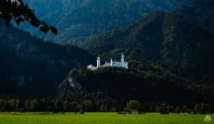 Preview wallpaper castle, trees, forest, mountains, landscape