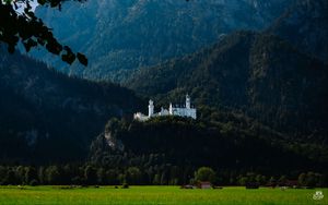 Preview wallpaper castle, trees, forest, mountains, landscape