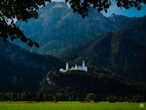 Preview wallpaper castle, trees, forest, mountains, landscape