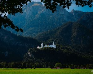 Preview wallpaper castle, trees, forest, mountains, landscape