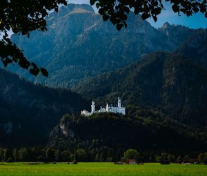 Preview wallpaper castle, trees, forest, mountains, landscape