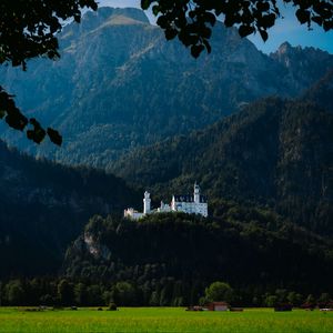 Preview wallpaper castle, trees, forest, mountains, landscape