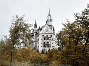 Preview wallpaper castle, trees, sky, mist