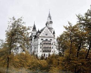 Preview wallpaper castle, trees, sky, mist