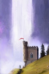 Preview wallpaper castle, wanderer, waterfall