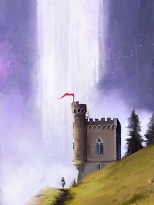 Preview wallpaper castle, wanderer, waterfall