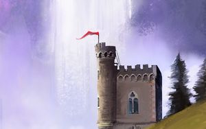 Preview wallpaper castle, wanderer, waterfall