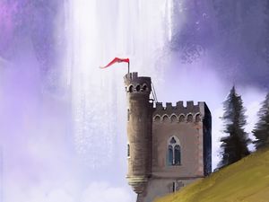 Preview wallpaper castle, wanderer, waterfall