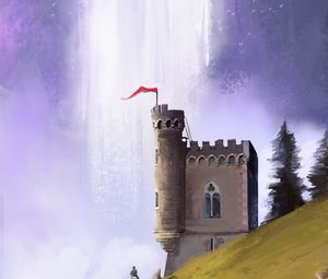 Preview wallpaper castle, wanderer, waterfall