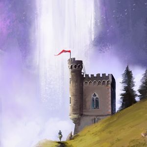 Preview wallpaper castle, wanderer, waterfall