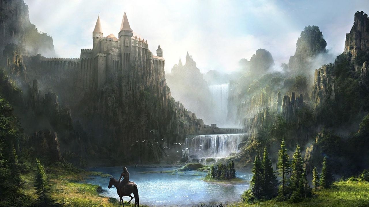 Wallpaper castle, waterfall, mountains, green, horseman