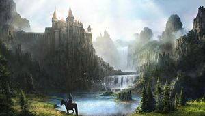 Preview wallpaper castle, waterfall, mountains, green, horseman