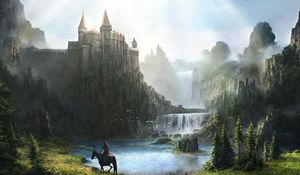 Preview wallpaper castle, waterfall, mountains, green, horseman