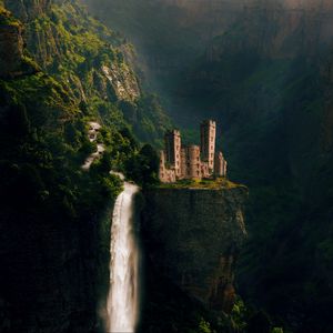 Preview wallpaper castle, waterfall, rocks, fairy, photoshop