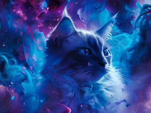 Preview wallpaper cat, animal, smoke, clouds, art, blue