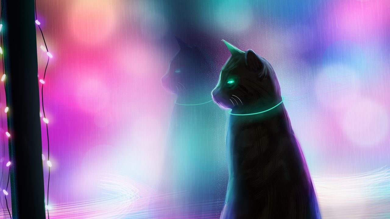 Wallpaper cat, art, garland, window, colorful
