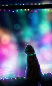 Preview wallpaper cat, art, garland, window, colorful