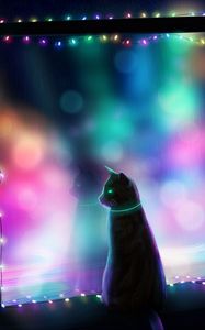 Preview wallpaper cat, art, garland, window, colorful