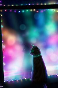 Preview wallpaper cat, art, garland, window, colorful