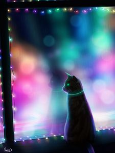 Preview wallpaper cat, art, garland, window, colorful