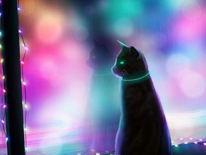 Preview wallpaper cat, art, garland, window, colorful