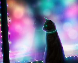 Preview wallpaper cat, art, garland, window, colorful