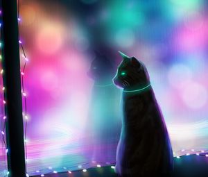 Preview wallpaper cat, art, garland, window, colorful