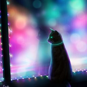 Preview wallpaper cat, art, garland, window, colorful
